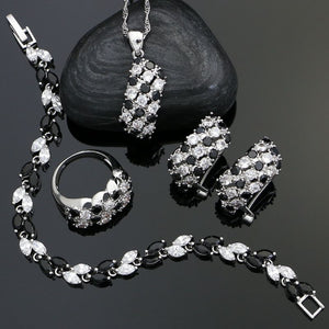 925 Silver Punk Jewelry Sets For Women Party Decoration White Black Cubic Zirconia Earrings/Ring/Bracelet/Necklace/Pendant Set