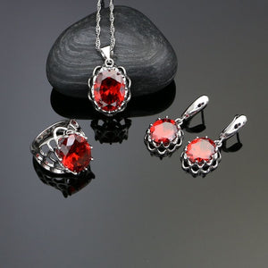 925 Sterling Silver Jewelry Sets Red Stone For Women Earrings Ring Necklace Pendant 