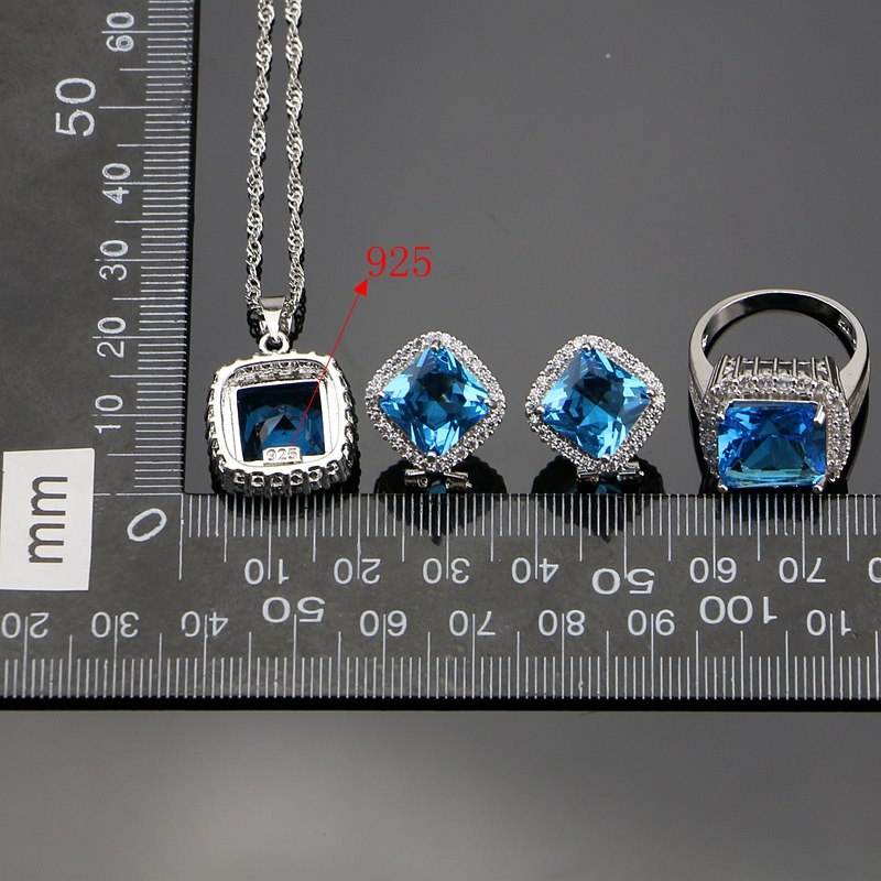 Square Sky Blue Zircon 925 Sterling Silver Jewelry Sets For Women Caucasian Wedding Earrings/Rings/Bracelet/Pendant/Necklace Set