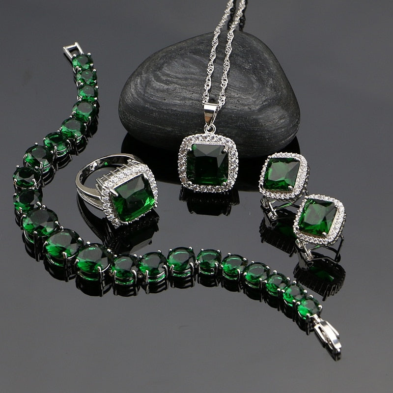  925 Sterling Silver Jewelry Sets Green Cubic Zirconia White CZ Beads For Women Russian Earrings/Ring/Bracelet/Pendant/Necklace