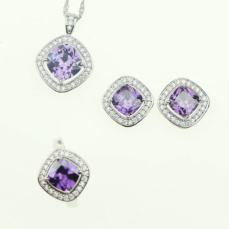 Purple Cubic Zirconia White Rhinestones Jewelery Sterling Silver 925 Jewelry Sets Earrings/Pendant/Necklace/Ring For Women Party