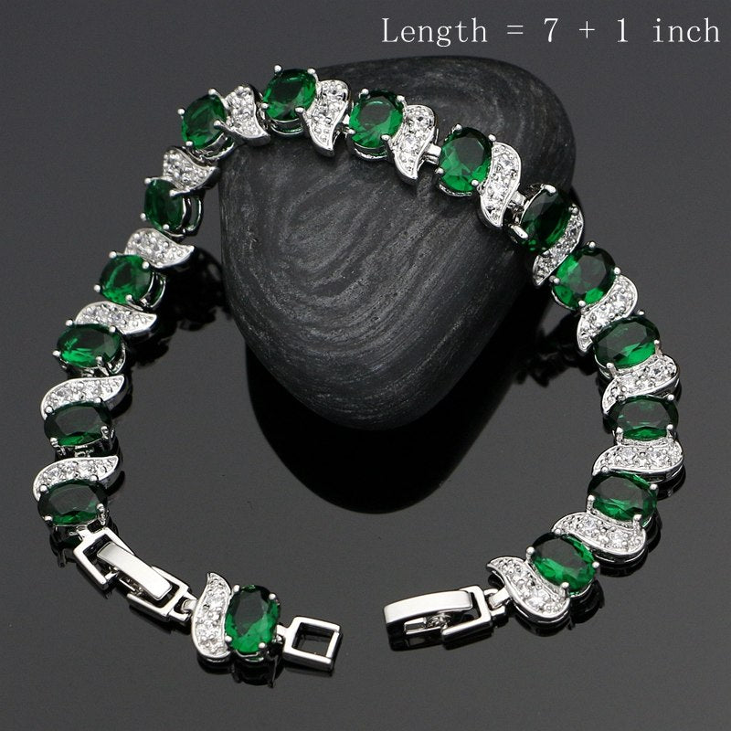 925 Sterling Silver Costume Jewelry Sets Green Zircon White Crystal Necklace Set Wedding Jewelry Earrings For Women 4PCS