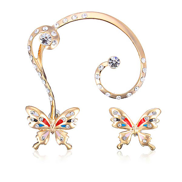 18K Gold Plated Rhinestone Butterfly Ear Clip Stud Earrings Jewelry