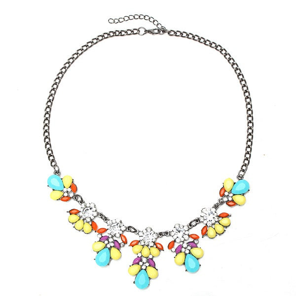 Crystal Flower Pendant Statement Necklace Metal Chain Choker Necklace 