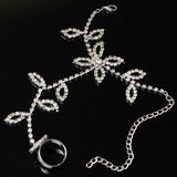 Silver Plated Leaves Rhinestone Ring Bracelet Crystal Metal Chain