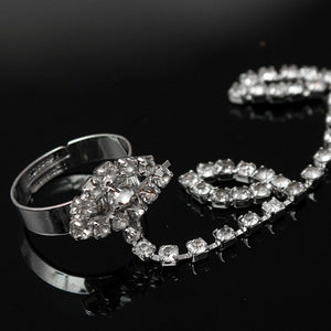 Silver Plated Leaves Rhinestone Ring Bracelet Crystal Metal Chain