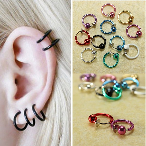 1pc Clip On Hoop Body Nose Lip Bead Ring No Piercing Spring Ear Stud