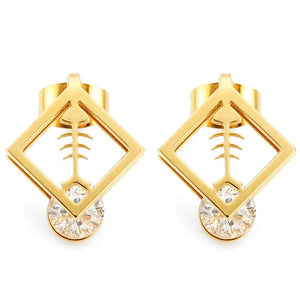 1pc Square Fish Bone Zircon Crystal Stud Earrings Gold Silver Plated