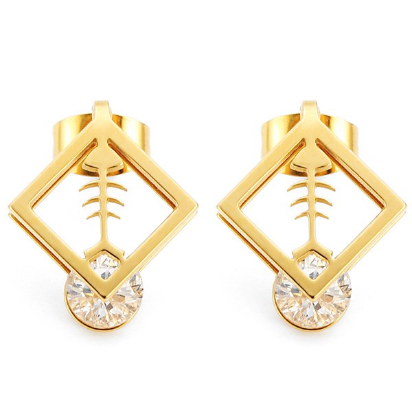 1pc Square Fish Bone Zircon Crystal Stud Earrings Gold Silver Plated