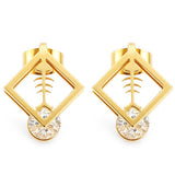 1pc Square Fish Bone Zircon Crystal Stud Earrings Gold Silver Plated