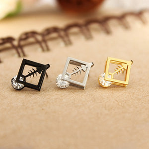 1pc Square Fish Bone Zircon Crystal Stud Earrings Gold Silver Plated