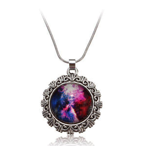 Galaxy Sky Nebula Space Glass Cabochon Silver Alloy Pendant Necklace