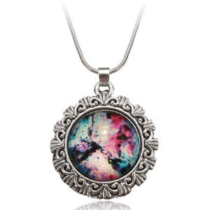 Galaxy Sky Nebula Space Glass Cabochon Silver Alloy Pendant Necklace