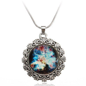 Galaxy Sky Nebula Space Glass Cabochon Silver Alloy Pendant Necklace