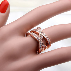 Double Cross Austrian Crystal Women Ring 18K Rose Gold Plated