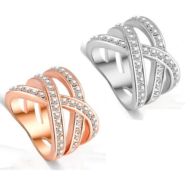 Double Cross Austrian Crystal Women Ring 18K Rose Gold Plated