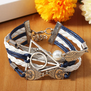 Vintage Owl Wings Triangle Pearl Multilayer Braided Leather Bracelet