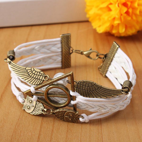 Vintage Owl Wings Triangle Pearl Multilayer Braided Leather Bracelet