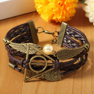 Vintage Owl Wings Triangle Pearl Multilayer Braided Leather Bracelet