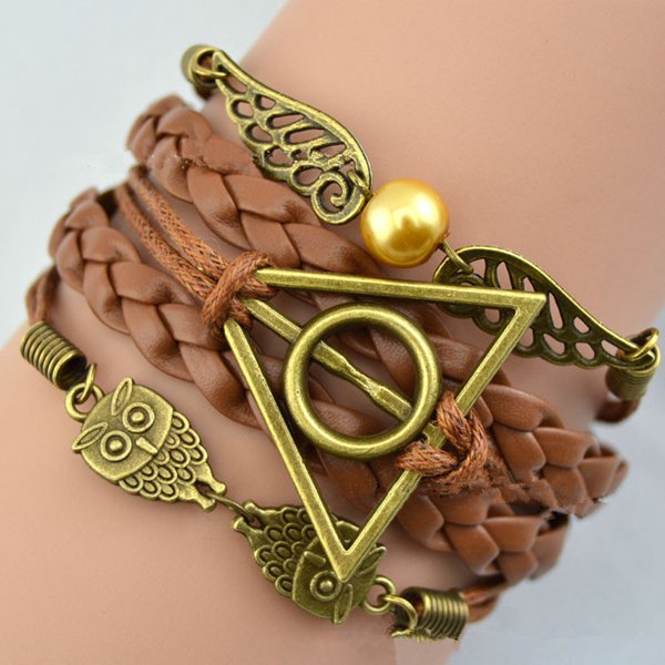 Vintage Owl Wings Triangle Pearl Multilayer Braided Leather Bracelet