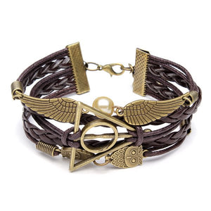 Vintage Owl Wings Triangle Pearl Multilayer Braided Leather Bracelet