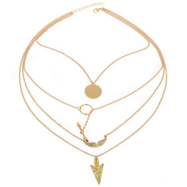 Gold 4 Layers Angel Wing Arrows Triangle Pendant Charm Necklace