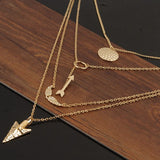 Gold 4 Layers Angel Wing Arrows Triangle Pendant Charm Necklace