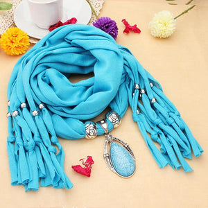 Water Drop Gem Crystal Pendant Tassel Scarf Necklace Women Jewelry