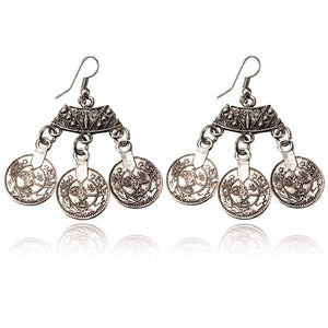 Vintage Tibetan Silver Round Coin Hook Drop Earrings For Women