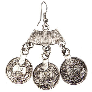 Vintage Tibetan Silver Round Coin Hook Drop Earrings For Women