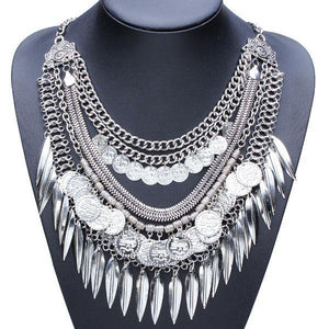 Bohemia Multilayer Coins Leaves Tassel Pendant Statement Necklace