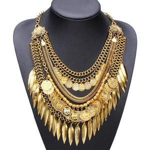 Bohemia Multilayer Coins Leaves Tassel Pendant Statement Necklace