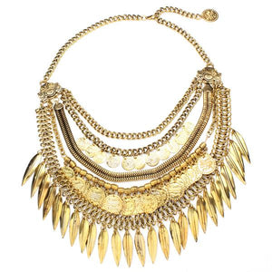 Bohemia Multilayer Coins Leaves Tassel Pendant Statement Necklace