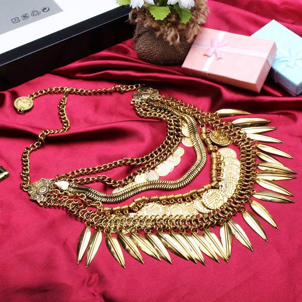 Bohemia Multilayer Coins Leaves Tassel Pendant Statement Necklace