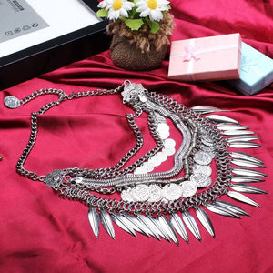 Bohemia Multilayer Coins Leaves Tassel Pendant Statement Necklace