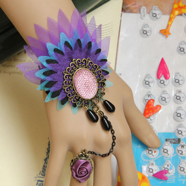 Colorful Peacock Lace Flower Crystal Ring Bracelet Wristband