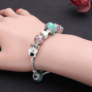 Antique Silver Love Letters Flower Crystal Glass Beads Bracelet