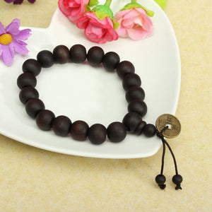 Vintage Unisex Black Buddhist Tibetan Prayer Wood Beads Coin Bracelet for Men