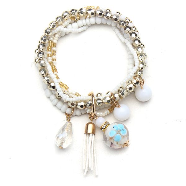 Multilayer Beads Tassel Charm Strand Stretch Bracelet For Women