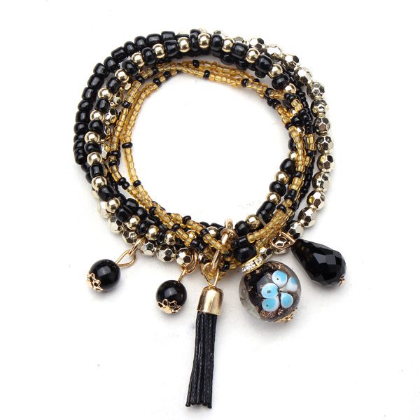 Multilayer Beads Tassel Charm Strand Stretch Bracelet For Women