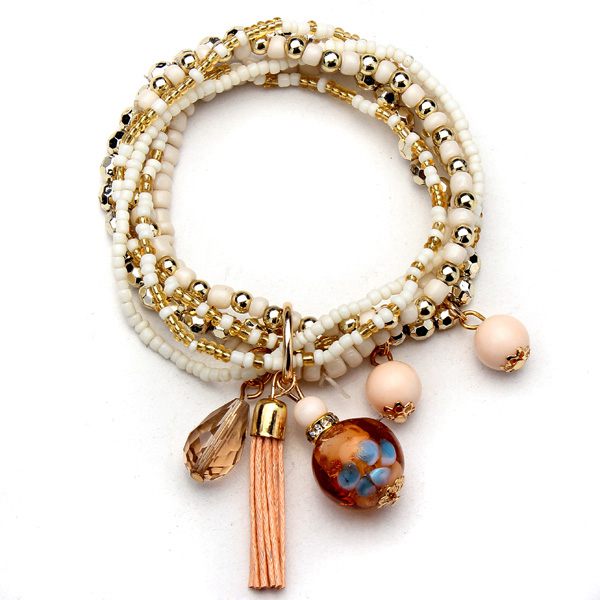 Multilayer Beads Tassel Charm Strand Stretch Bracelet For Women