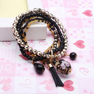 Multilayer Beads Tassel Charm Strand Stretch Bracelet For Women