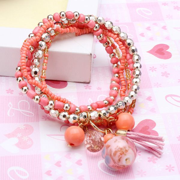 Multilayer Beads Tassel Charm Strand Stretch Bracelet For Women