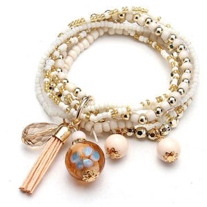 Multilayer Beads Tassel Charm Strand Stretch Bracelet For Women