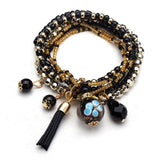 Multilayer Beads Tassel Charm Strand Stretch Bracelet For Women