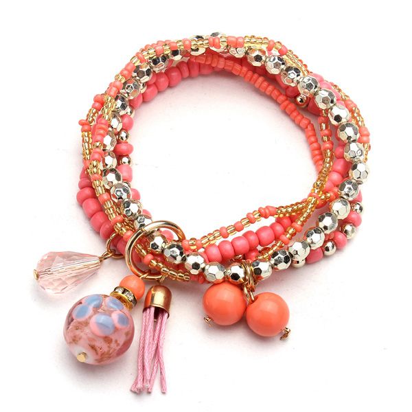 Multilayer Beads Tassel Charm Strand Stretch Bracelet For Women