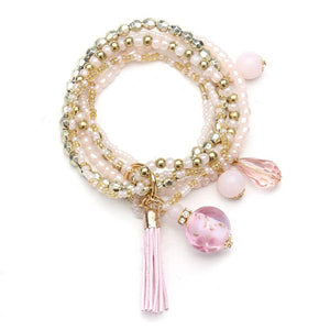 Multilayer Beads Tassel Charm Strand Stretch Bracelet For Women