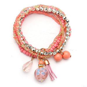 Multilayer Beads Tassel Charm Strand Stretch Bracelet For Women