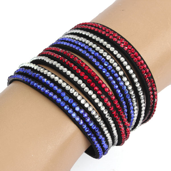 Multilayer Rhinestone Leather Wrap Bracelet Bangle For Women