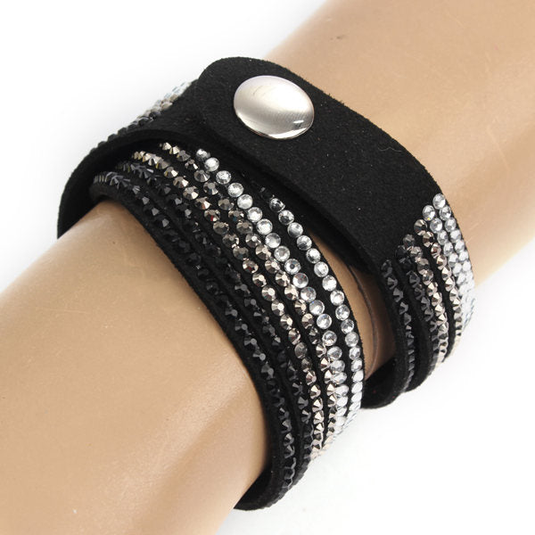 Multilayer Rhinestone Leather Wrap Bracelet Bangle For Women